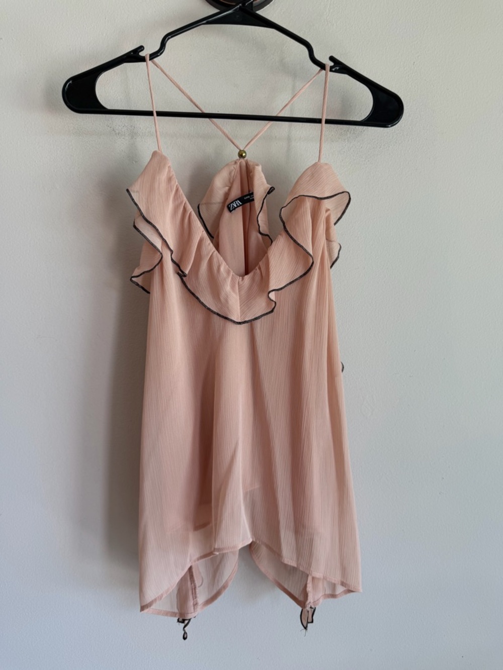 Zara Peach Pink Ruffle Pleated Camisole Top XS Spaghetti Strap Black Trim